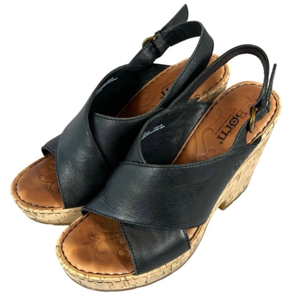 Born Black Leather Wedge Sandals Slingback Womens Size 8M Shoes